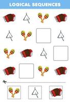 jeu éducatif pour les enfants séquences logiques pour les enfants avec dessin animé accordéon triangle maracas imprimable feuille de travail d'instrument de musique vecteur