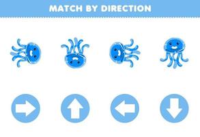 jeu éducatif pour les enfants match par direction gauche droite orientation vers le haut ou vers le bas de la feuille de travail imprimable des animaux de la méduse de dessin animé mignon vecteur