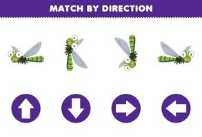 jeu éducatif pour les enfants match par direction gauche droite orientation vers le haut ou vers le bas de la feuille de travail imprimable de la libellule de dessin animé mignon vecteur