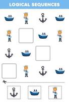 jeu d'éducation pour les enfants séquences logiques pour les enfants avec une feuille de travail imprimable de profession d'ancre de navire de marin de dessin animé mignon vecteur