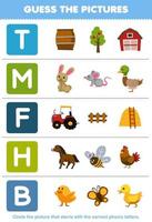 jeu éducatif pour les enfants devinez l'image correcte pour le mot phonique qui commence par la lettre tmfh et b feuille de travail agricole imprimable vecteur