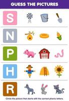 jeu éducatif pour les enfants devinez l'image correcte pour le mot phonique qui commence par la lettre snph et r feuille de travail agricole imprimable vecteur