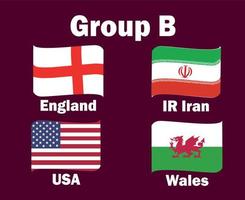 états unis angleterre pays de galles et iran drapeau ruban groupe b avec des noms de pays symbole conception football final vecteur pays équipes de football illustration