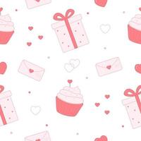 modèle sans couture avec cupcake, coffret cadeau, lettre et coeurs. jolie impression de la saint-valentin pour le design, l'arrière-plan, le papier d'emballage. illustration vectorielle vecteur