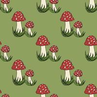 modèle sans couture avec mignon amanita muscaria sur fond vert. image vectorielle. vecteur