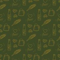 modèle sans couture avec chopes à bière et bouteille et collations sur fond vert foncé. image vectorielle. vecteur
