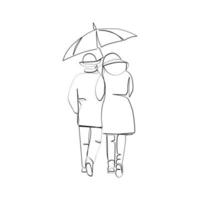 illustration vectorielle d'un couple marchant sous la pluie dessiné dans un style d'art en ligne vecteur