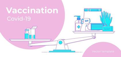 bannière de vaccination. illustration avec une ampoule et un équipement de protection individuelle sur la balance. fond de vecteur de vaccin contre le coronavirus. concept de soins de santé. traitement médical. modèle plat ppe