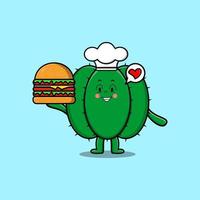 personnage de chef de cactus de dessin animé mignon tenant burger vecteur