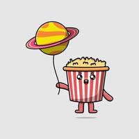 pop-corn de dessin animé mignon flottant avec ballon planète vecteur