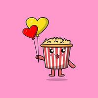 pop-corn de dessin animé mignon flottant avec ballon d'amour vecteur