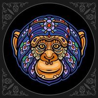 Tête de singe coloré arts mandala isolé sur fond noir vecteur