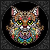 Tête de chat coloré arts mandala isolé sur fond noir vecteur