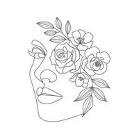 tête et yeux de femme avec des fleurs linéaires élégants style d'art en ligne vecteur