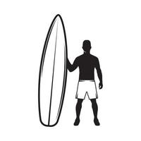 homme de surf d'été de surf rétro vintage. peut être utilisé comme emblème, logo, badge, étiquette. marque, affiche ou impression. art graphique monochrome. vecteur