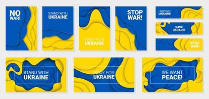 ensemble de 10 arrière-plans découpés en papier vectoriel illustration de prier pour l'ukraine, pas de guerre, se tenir avec l'ukraine, arrêter le concept de guerre sur les couleurs du drapeau de l'ukraine. pas de guerre et d'attaque militaire en ukraine affiche.