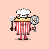 chef de pop-corn de dessin animé mignon tenant une casserole et une spatule vecteur