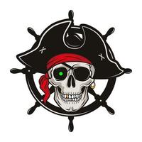 emblème de pirate avec volant et crâne dans un chapeau et un cache-œil. illustration de dessin animé dessiné à la main de vecteur isolé sur fond blanc