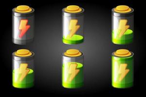 bar les batteries d'énergie de chargées à déchargées pour le jeu. illustration vectorielle icônes de batterie de téléphone isolées pour la conception graphique. vecteur