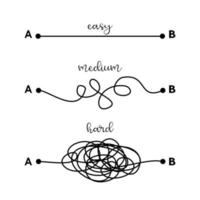 concept de solution difficile, moyen et facile illustré par des lignes enchevêtrées et droites. décision de chemin compliquée et simple. vecteur