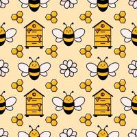 modèle sans couture mignon d'abeille de miel. vecteur doodle dessin animé ruche, fleurs et nids d'abeilles illustration papier numérique isolé sur fond blanc pour les impressions sur tissu pour enfants