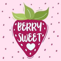 conception de typographie aux fraises douces aux baies avec illustration de fruits de dessin animé d'été pour la saint valentin vecteur