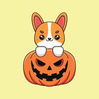 mignon citrouille corgi halloween dessin animé mascotte doodle art concept dessiné à la main vecteur kawaii icône illustration