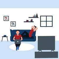 deux hommes surfant sur internet avec son ordinateur portable et regardant la télévision - illustrations colorées de dessins animés plats vecteur