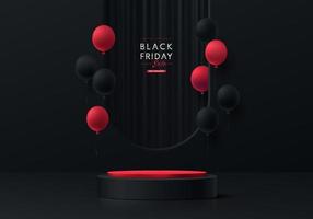 podium de piédestal de cylindre noir et rouge 3d réaliste avec rideau sombre dans la fenêtre en arc et le ballon. concept de vente du vendredi noir, scène minimale abstraite vectorielle pour la vitrine de la scène des produits, affichage de la promotion. vecteur