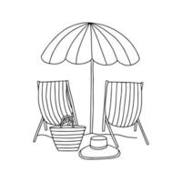 parapluie de plage dessiné à la main et page de coloriage de vecteur de chaises de plage.