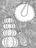 page de coloriage halloween de vecteur avec chapeau de sorcière, citrouilles et balai. coloriage mystère pour enfants et adultes