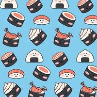 modèle sans couture avec des sushis drôles dans un style kawaii. illustration vectorielle. style bande dessinée. imprimer avec des personnages de sushi. vecteur