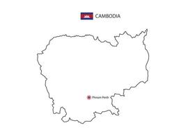 dessinez à la main un vecteur de fine ligne noire de la carte du cambodge avec la capitale phnom penh sur fond blanc.