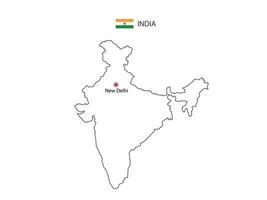 dessiner à la main un vecteur de ligne noire mince de la carte de l'inde avec la capitale new delhi sur fond blanc.
