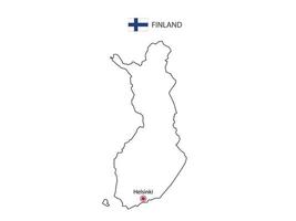 dessinez à la main un vecteur de fine ligne noire de la carte de la finlande avec la capitale helsinki sur fond blanc.