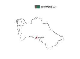 dessinez à la main un vecteur de ligne noire mince de la carte du turkménistan avec la capitale ashgabat sur fond blanc.