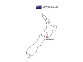 dessinez à la main un vecteur de ligne noire mince de la carte de la nouvelle-zélande avec la capitale wellington sur fond blanc.