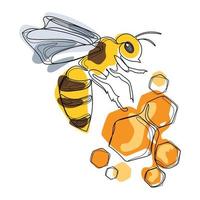 abeille avec illustration vectorielle en nid d'abeille dessinée à la main. modèle de logotype en nid d'abeille linéaire. concept de produit biologique simple minimal. dessin de doodle d'abeille vecteur