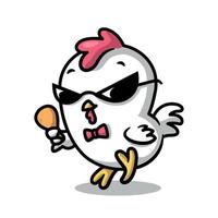 un poulet mignon porte des lunettes noires et tient un poulet frit. vecteur