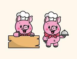 le chef mignon de porc sert de la nourriture et apporte la conception de mascotte de dessin animé de planche de bois. vecteur