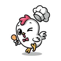 un mignon chef de poulet tient un poulet frit. mascotte de poulet de dessin animé. vecteur