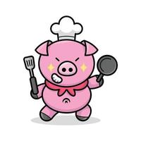 le chef de cochon drôle apporte le logo de mascotte de dessin animé de casserole et de spatule vecteur
