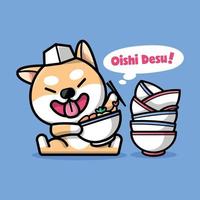 le mignon chef shiba mange un bol d'illustration de dessin animé de ramen vecteur