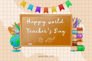 bannière pour la journée mondiale des enseignants le 5 octobre. fond d'école avec papeterie et livres. illustration vectorielle. vecteur