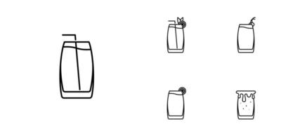 cinq ensembles d'icônes de ligne de verre de refroidisseur d'ambiance. avec une paille, citron et cerise. style simple, ligne, silhouette et épuré. noir et blanc. adapté aux symboles, signes, icônes ou logos vecteur