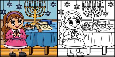 fille de hanukkah priant avec illustration de menorah vecteur