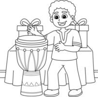 Coloriage garçon kwanzaa jouant au djembé vecteur