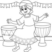 Coloriage fille kwanzaa jouant au djembé vecteur