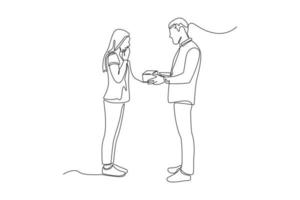 une seule ligne dessinant un homme heureux donnant un cadeau à sa petite amie. donnant le concept de saison. illustration vectorielle graphique de conception de dessin en ligne continue. vecteur