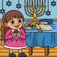 fille de hanukkah priant avec dessin animé coloré menorah vecteur